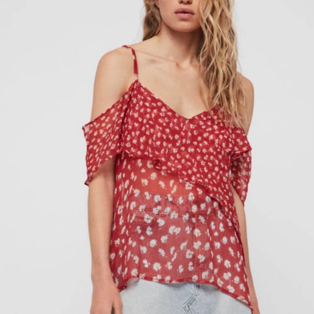 All Saints Sabine Scatter Silk Top Red Sz 8